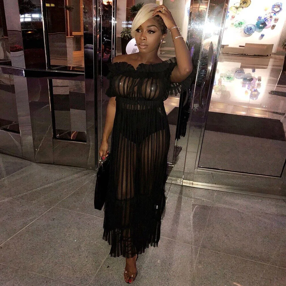 

Ladies Dress Retro Sexy One-Shoulder Mesh Perspective Hollow New Unique Design Casual Outdoor Street Club Party Vestidos