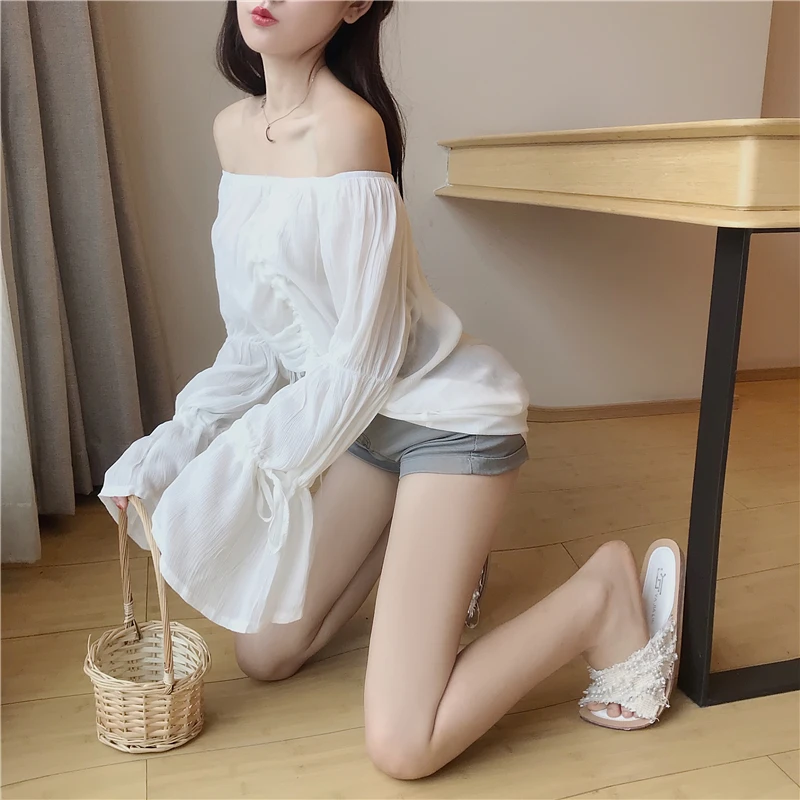 

pleated lace up blusas mujer de moda loose spring vintage flare sleeve Women's Clothing korean white chiffon shirts Women tops