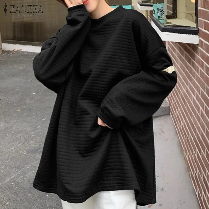 

2022, модные женские толстовки ZANZEA, Осенний клетчатый пуловер с длинным рукавом, Повседневная однотонная свободная уличная одежда