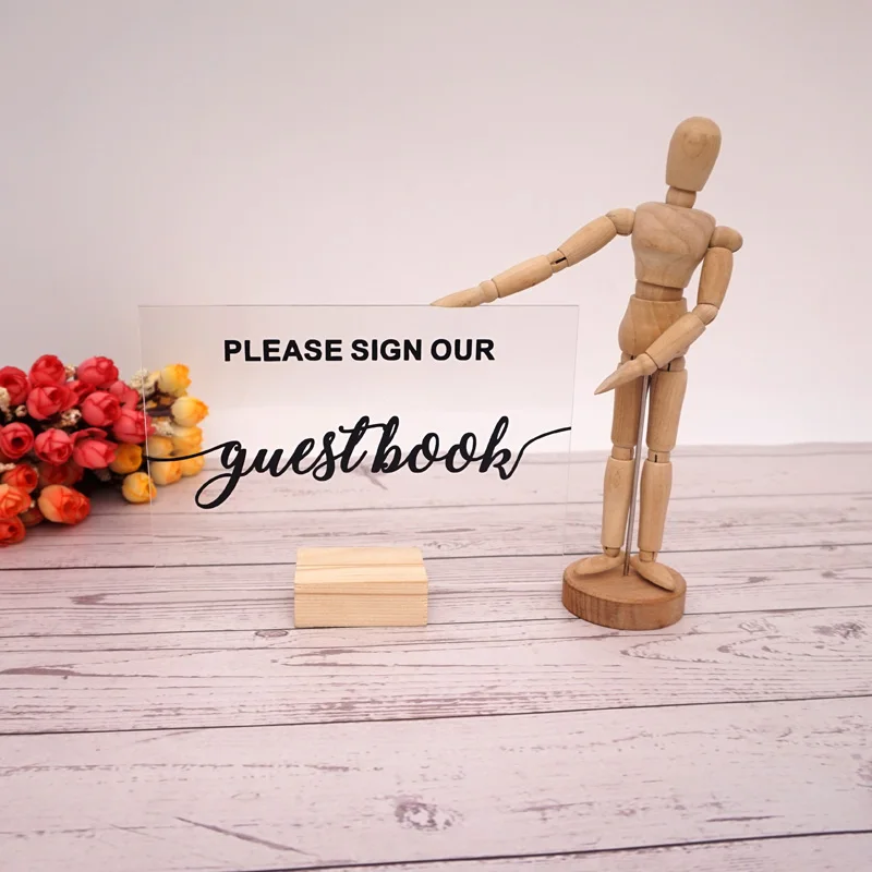 

Wedding Party Direction Sign Transparent Acrylic Board with Wooden Base Wedding Party Decoration Table Standing