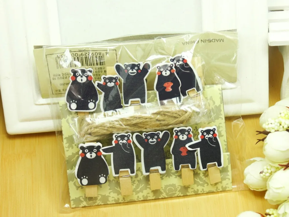 

10 pcs/lot Kawaii Cartoon Kumamon Wooden Clip Photo paper Clothespin Craft Clips Party Decoration Clip with Hemp Rope