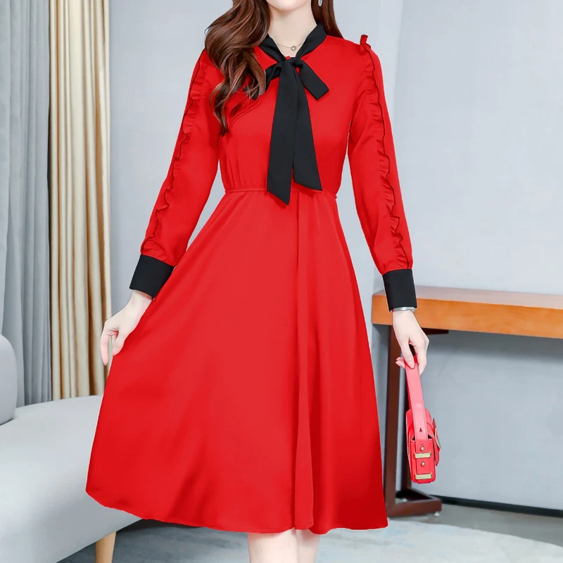 

Women Midi Dress Fashion Red Sexy O-neck Vintage Thin Long Sleeve Boho Ruffles Tropical Party Elegant Runway Dresses Vestidos