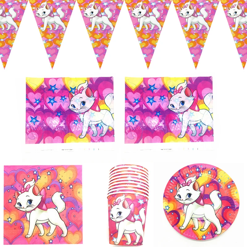 

51pcs/lot Aristocats Marie Cat Theme Flags Tablecloth Napkins Birthday Party Cups Plates Decorate Bunting Girls Favors Banner