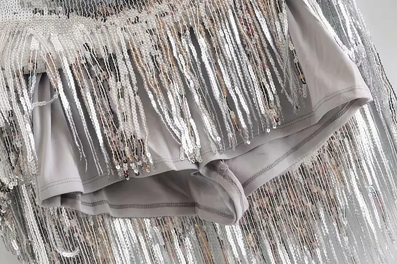 sexy silver sequined party dress women sleeveless backless tassel dress elegant ladies vestido