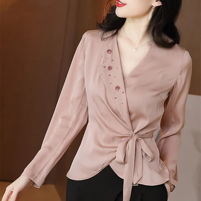 Тяжелая шелковая женская рубашка с длинным рукавом Женская атласная розовая