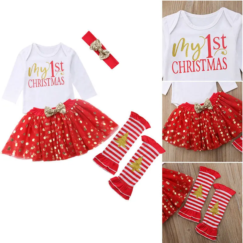 

UK Newborn Baby Girl 0-24M My 1st Christmas Romper Skirt Leg Warmers Outfits Clothes