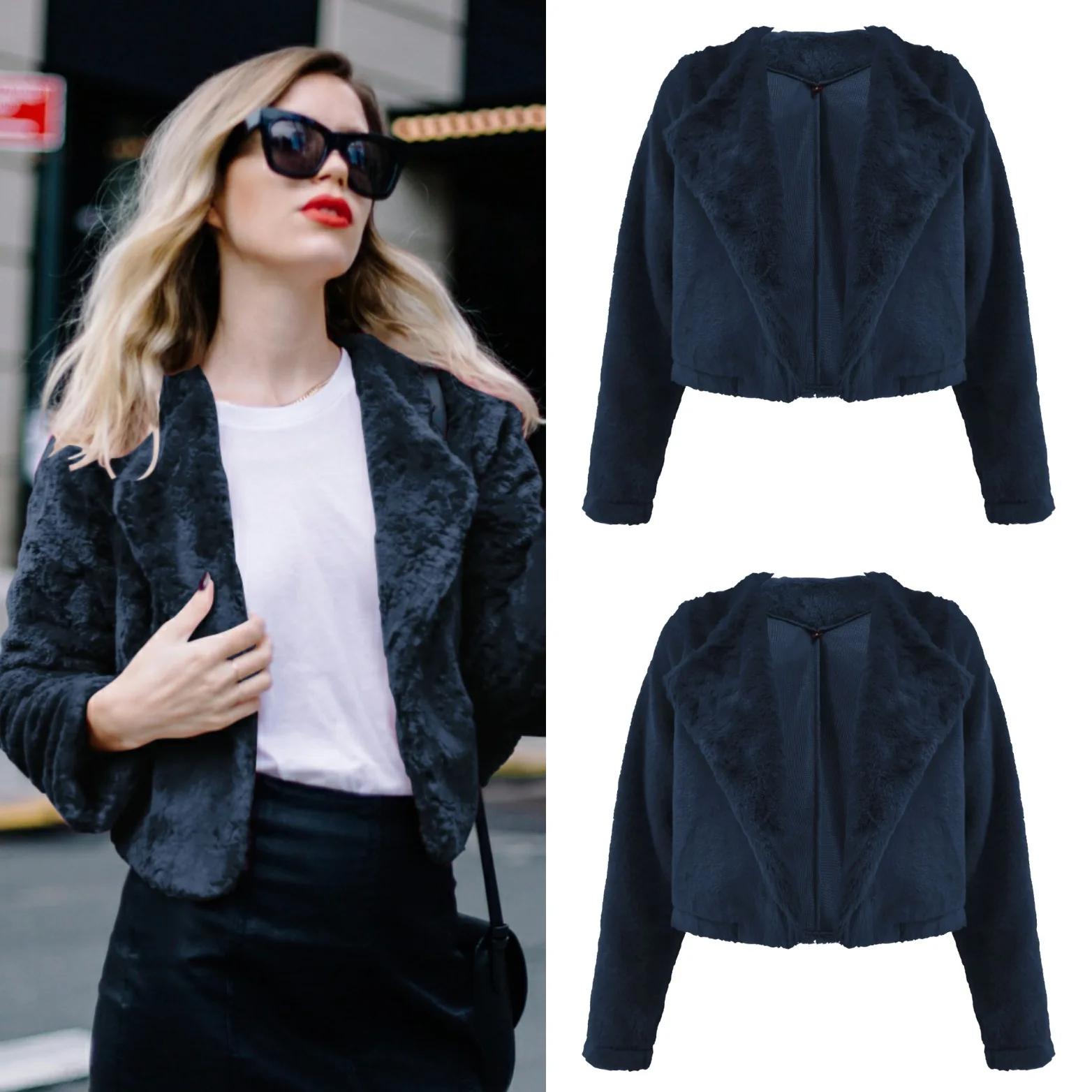 Dark Blue Missufe осень зима теплое плотное Женское пальто женские короткие пальто Fuax Rabit Мех отложной воротник длинный рукав модная красная куртка - Цвет: Dark Blue