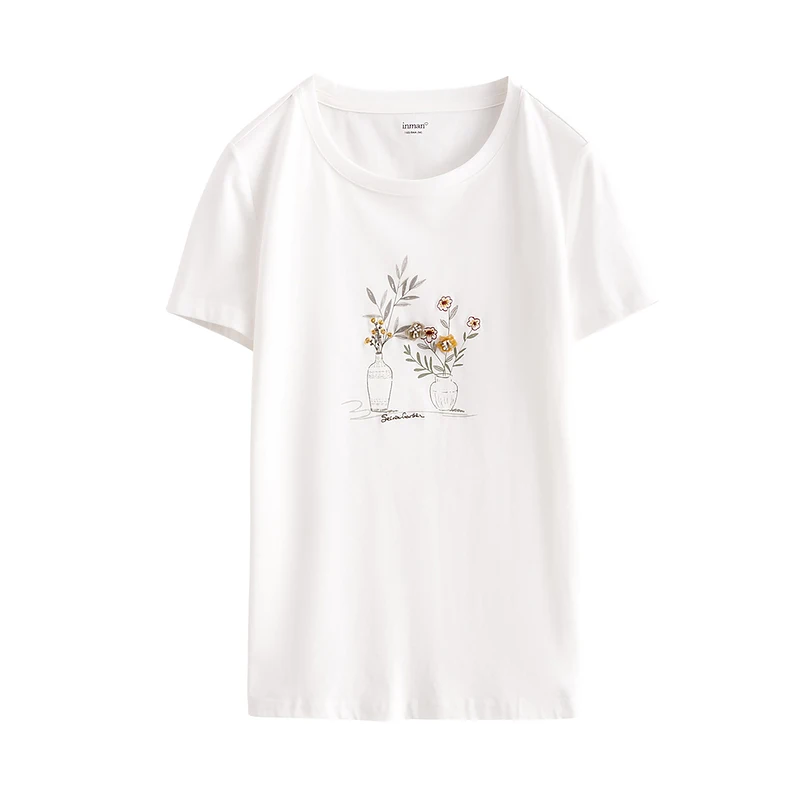 

INMAN Summer Women T-Shirt Round Collar Embroidery Three-dimensional Flowers Plants Watercolor Painting Sense Short Sleeved Top