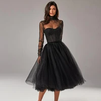 eeqasn black glitter tulle short prom party dresses long sleeves tea length evening gowns high neck formal speical women dress