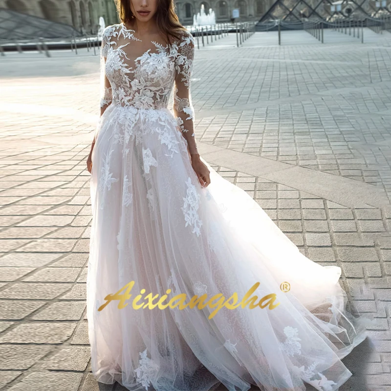 Сексуальное пляжное свадебное платье с аппликацией тюлевый Прозрачный лиф