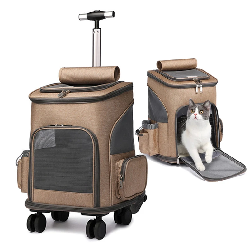 Pet Travel Trolley Bag Draw Bar Pet Stroller Travel Carrier Cat Backpack Cage Adjustable Detachable Expandable Carrying Backpack