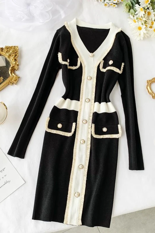 

Women Dress 2020 Fall Vintage Korean Clothes Ladies Dresses Patchwork Elegant V-neck Long Sleeve Knitted Dress Robe Femme