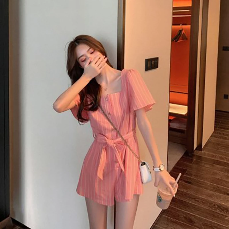 Conjoined Shorts Woman Summer 2020 New Loose Show Thin Tall Waist Stripe Wide-legged Jumpsuit Pink Collect Waist Lace-up 2
