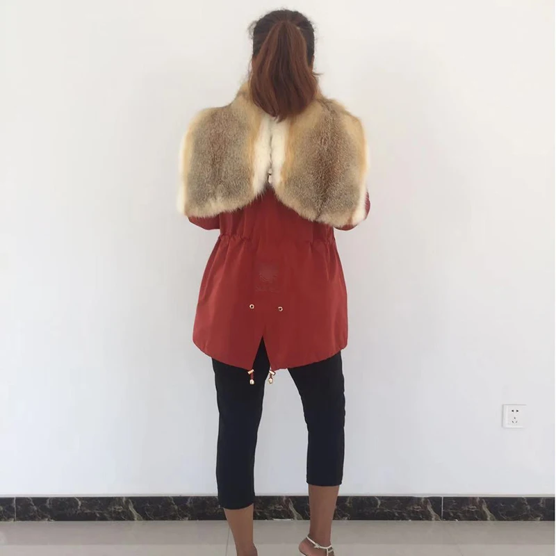 Женская зимняя парка куртка с лисьим воротником и отстегивающейся кроличьей