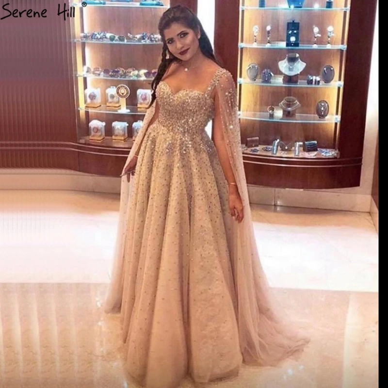 Gold Backless Sexy Luxury Evening Dresses 2021 Dubai Crystal Sleeveless A-Line Formal Dress Serene Hill LA70290 | Свадьбы и