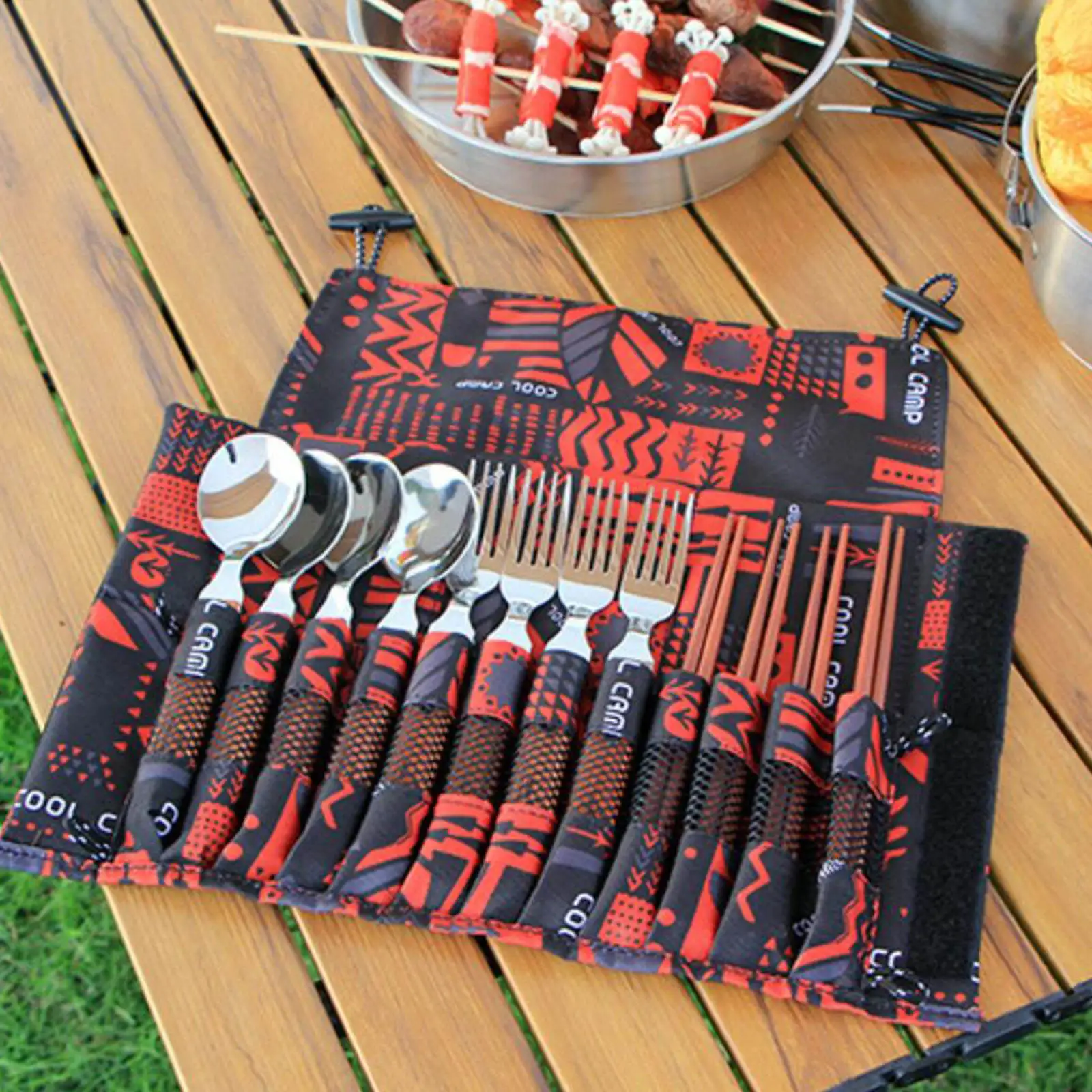 

Portable Stainless Steel Wood Tableware Fold Chopsticks Utensil Spoon Set Spoon Fork Dinnerware Camping Cooking Flatware