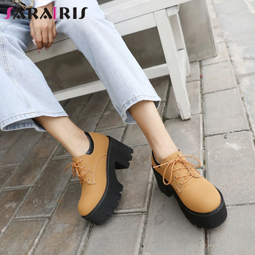 

SARAIRIS Women's Autumn Pumps Platform Chunkt High Heels Shoelace Casual Solid Shallow Pumps 2021 Casual Concise Shoes Woman