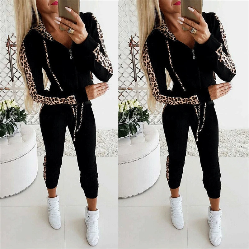 2019 осенне зимние женские комплекты спортивный костюм женский леопардовый