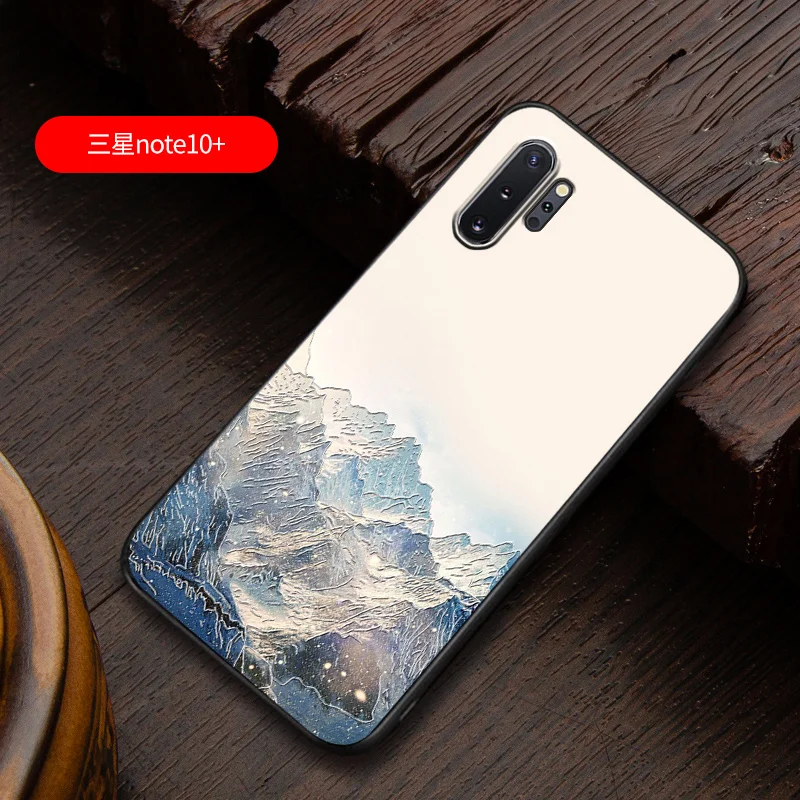 

Embossed vintage East Asian Chinese Japanese style case For Samsung Note 10 Plus note10+ Snow Mountain Decree Crane cover