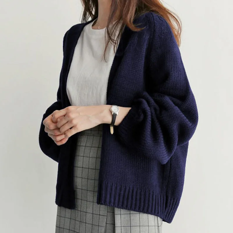 

WenQing Autumn Chic Women Cardigans Sweater Long Sleeve Loose Plus Size Girls Knitted Short Coat Causal Solid Korean Tops 2020
