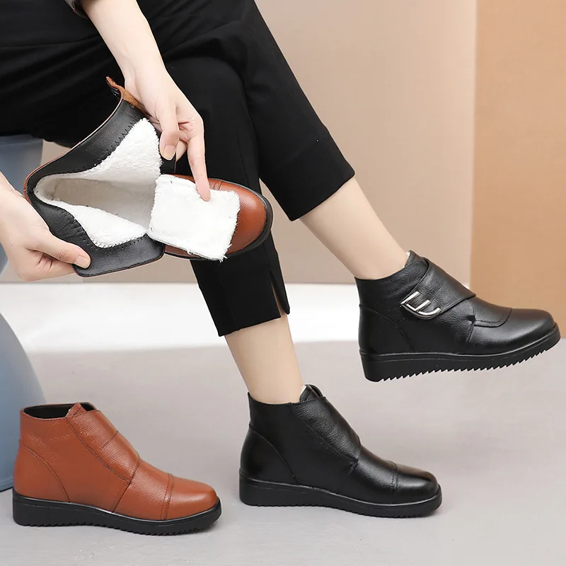 Женские ботильоны из натуральной кожи большие размеры Повседневная Теплая обувь