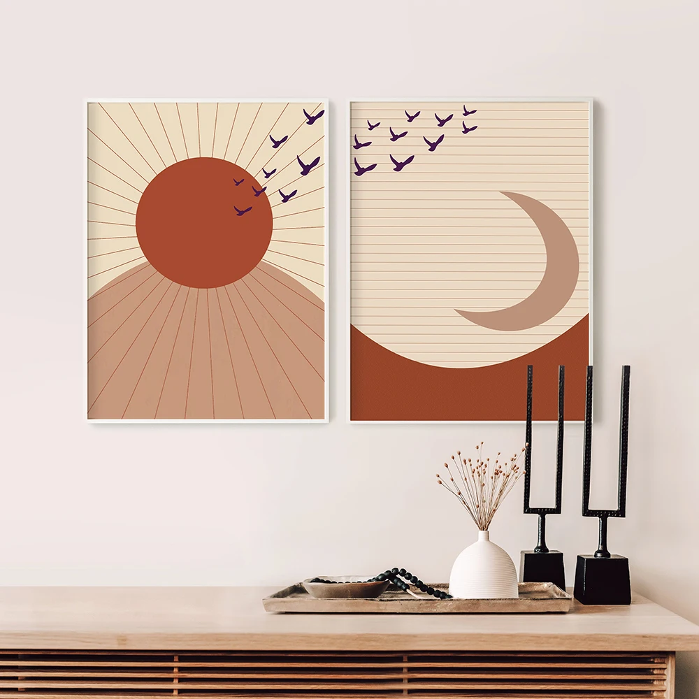 Художественные постеры с принтом Солнца и Луны абстрактный пейзаж Терракотовая
