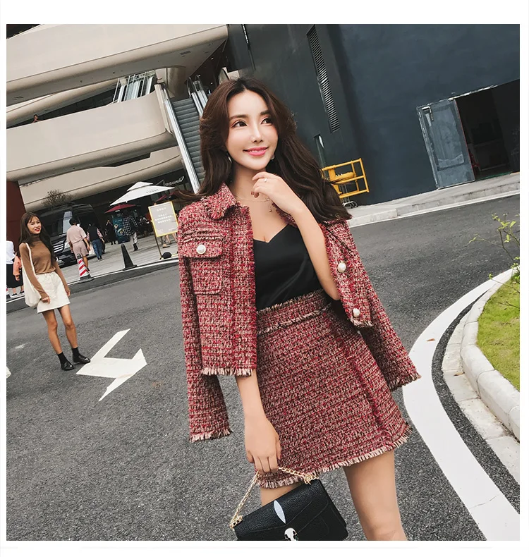 Women Skirt Sets Winter Europe Ladies Tassel Woolen Tweed Jacket+ Short Skirt Suits Elegant Two Piece Womens Clothing Sets