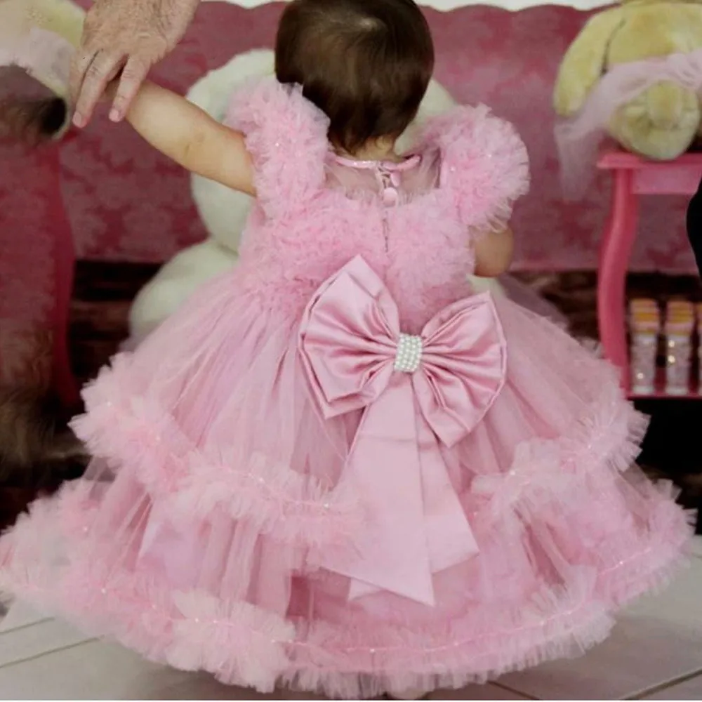 Pink Ball Gown Flower Girl Dresses with Big Satin Bow Pearls Girl Wedding Party Dress Kids Birthday Clothes