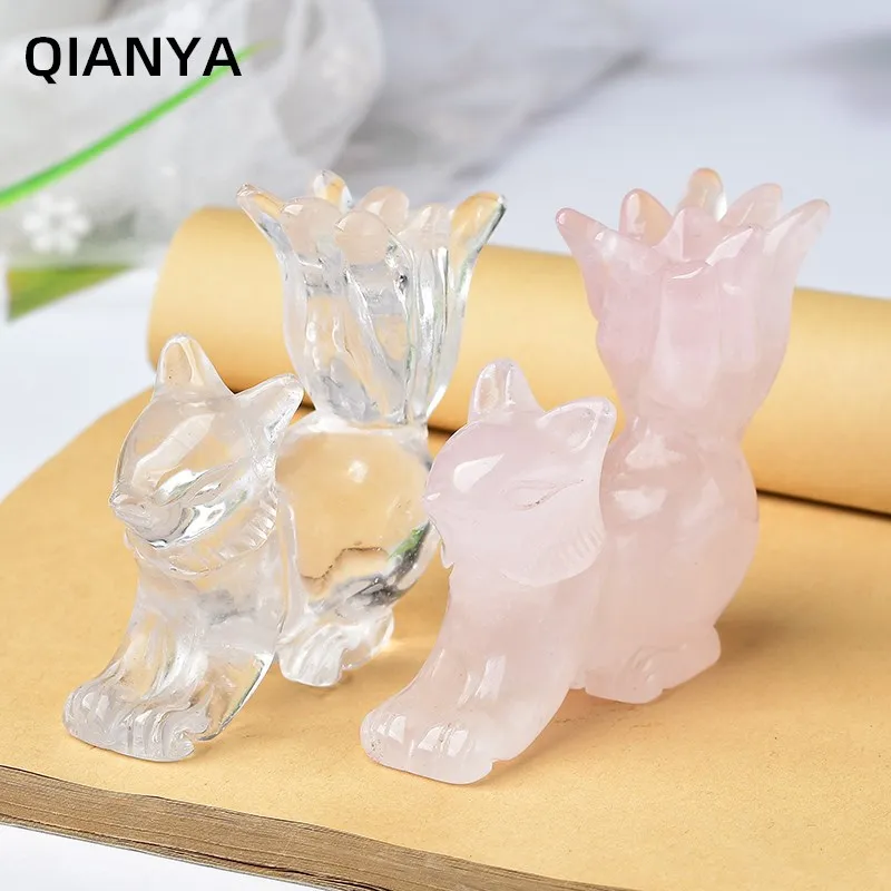 

Natural Clear Crystal Rose Quartz Gemstone Carving Fox Healing Aura Lucky Home Decoration Sculpture Crafts Gift