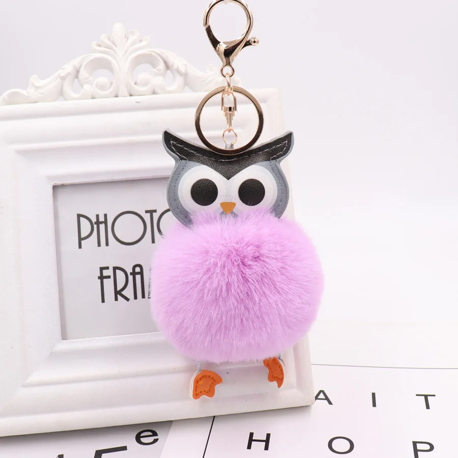 

Cute Pompom Owl Keychain pom Key Chain Rabbit Fur Ball pompon Porte Clef Fluffy Leather Key Ring Plush Keychains