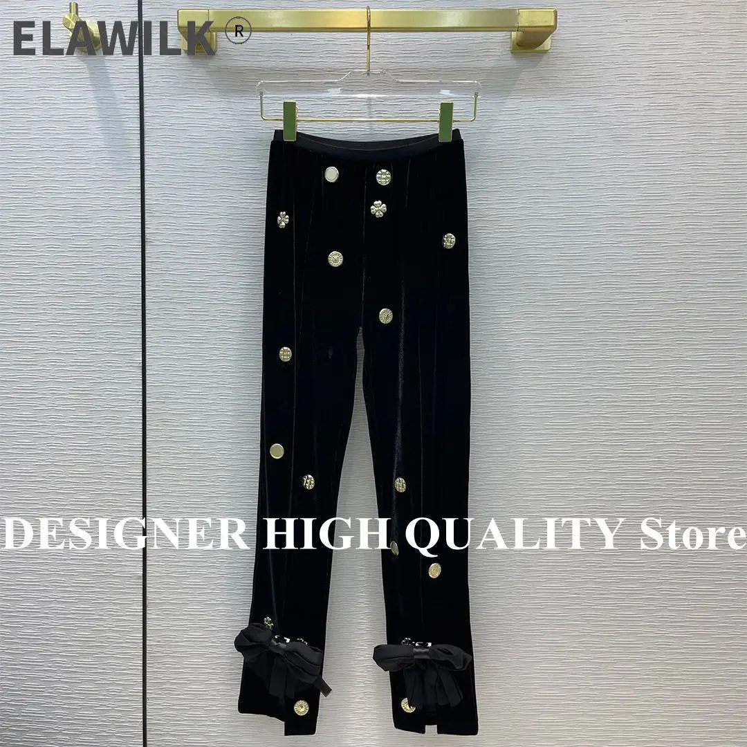 

Модные дизайнерские черные бархатные облегающие брюки с золотыми пуговицами, с разрезом на Подоле и бантом, винтажные длинные брюки с высок...