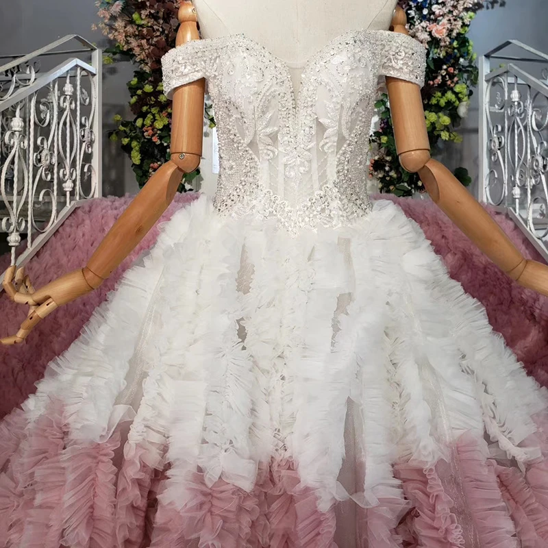 HTL901 plus size evening dress pink off shoulder cake style ruffle long dress party gowns for women vestidos baile finalistas