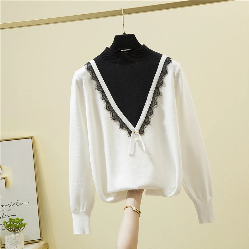 

Autumn Winter Women Sweater Sweet Lace Patchwork Long Sleeve Top Knit Ladies Sweater 2021 Half High Collar Pullover Pull Femme
