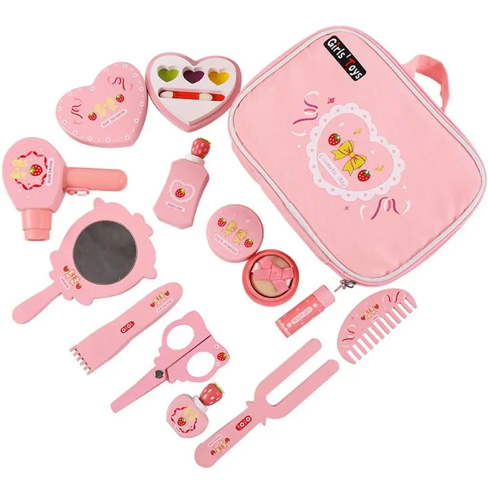 

12Pcs Wooden Makeup Toys - Pretend Beauty Salon Toys For Toddlers - Portable Makeup Kit With Storage Bag Kids Play Makeup Toy F