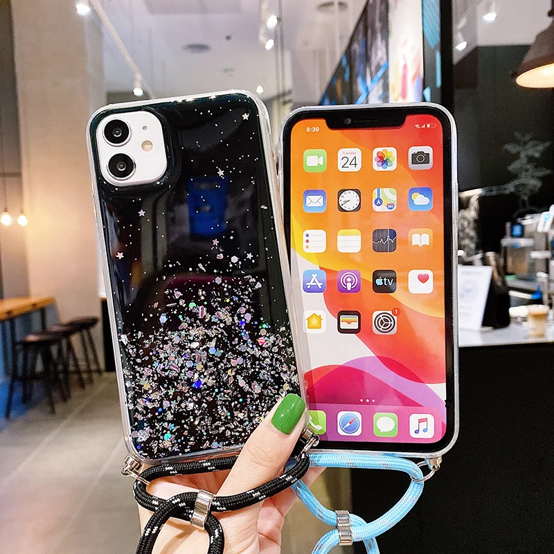 

Luxury Bling Glitter Lanyard Silicone Phone Case For iPhone 12 11 Pro XS Max SE XR X 8 7 6 Plus Ultra-thin Necklace Rope Cover