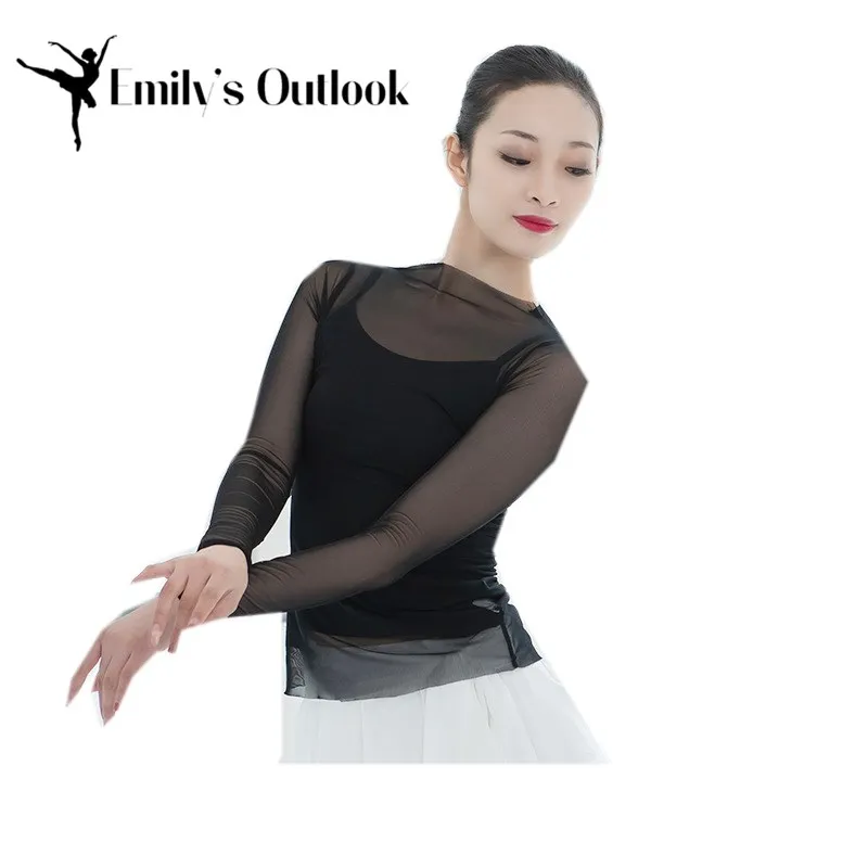 

Women Ballet Dance Mesh Top Sexy Transparent Gauze Cover Up Adult Round Neck Long Sleeve Shirt For Dancer Practice Clothes