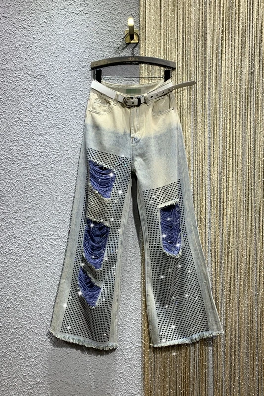

Retro Distressed Color Ripped Patchwork Beading Long Jeans Summer High Waist Straight Wide Leg Pants with Belt