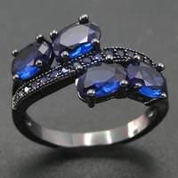 excellent black rhodium plated blue zircon engagement wedding bridal ring set