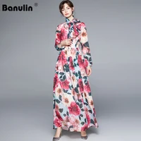 runway holiday maxi dresses 2021 summer women long sleeve floral print sashes pleated boho chiffon long dresses with scarf