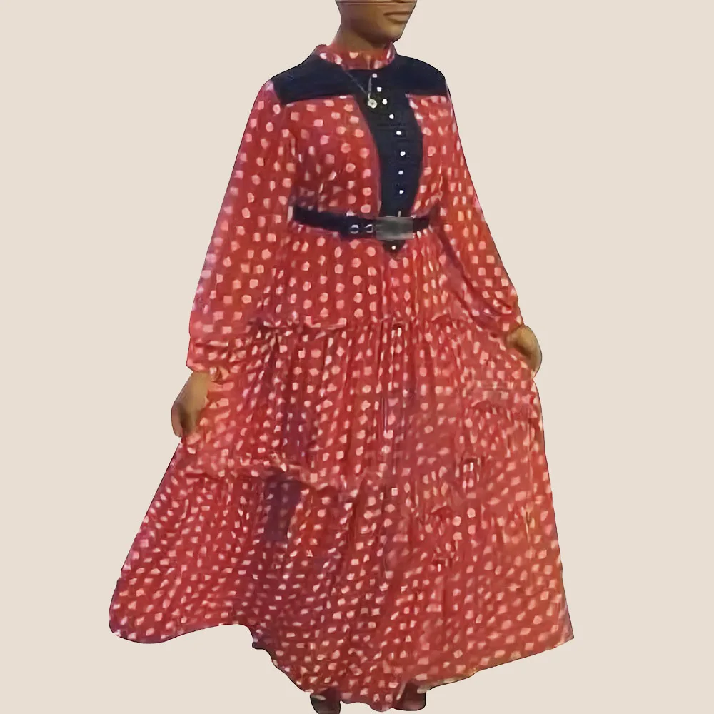 

Autumn New Printed Dress Beaded High Waist Fashion Casual Stand-up Collar Long Sleeve Solid Color Dots Women's 2021