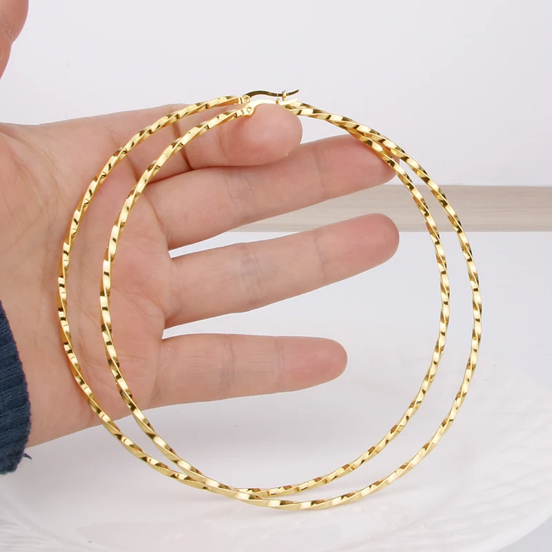 

Gold Color Stainless Steel Large Hoop Earring for Women Thread 80 mm Wholesale Ear Accessories Fashion Jewelry Hot E0153