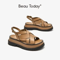 beautoday chunky sandals gladiator women cow leather round toe weaving back strap summer beach female platform shoes 32347
