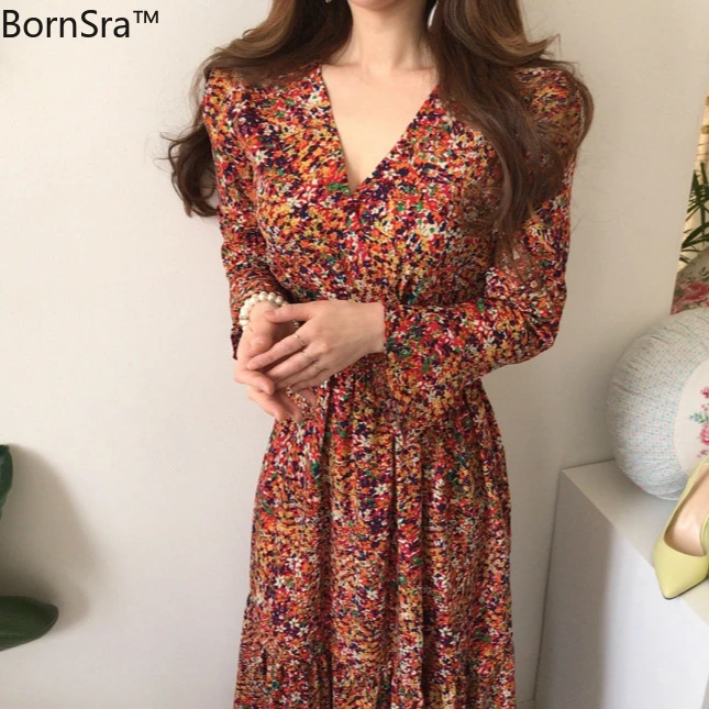 

BornSra V-neck Women Floral Dress 2020 Elegant Bohemian Flower Summer Dresses Female Holiday Beach Elegant Dresses Vestidot