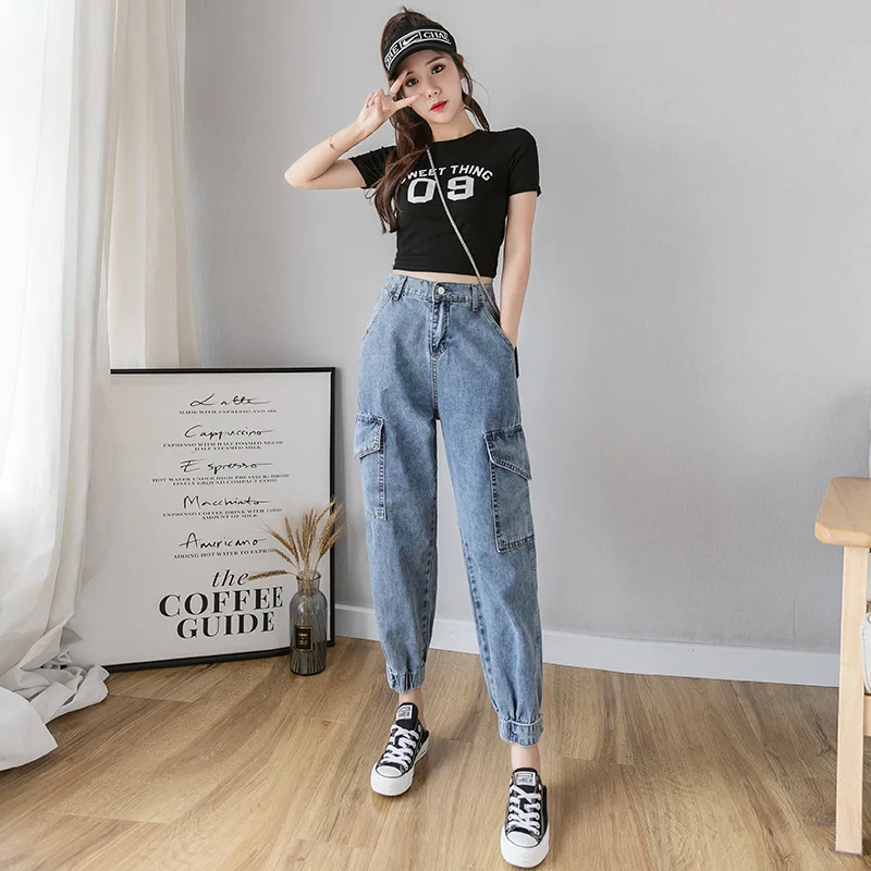 

Workwear Jeans Women 2020 New Elastic Waist High Waist Slim Harem Pants. Casual Slim Women's Overalls with Straight Legs.