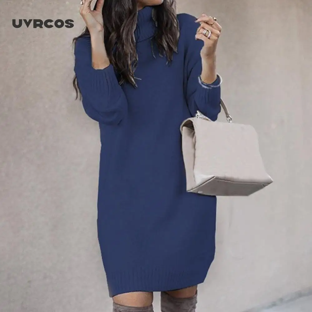 

UVRCOS Turtleneck Long Sleeve Sweater Dress Women Autumn Winter Loose Tunic Knit Pullovers Sweater Casual Knitted Dresses