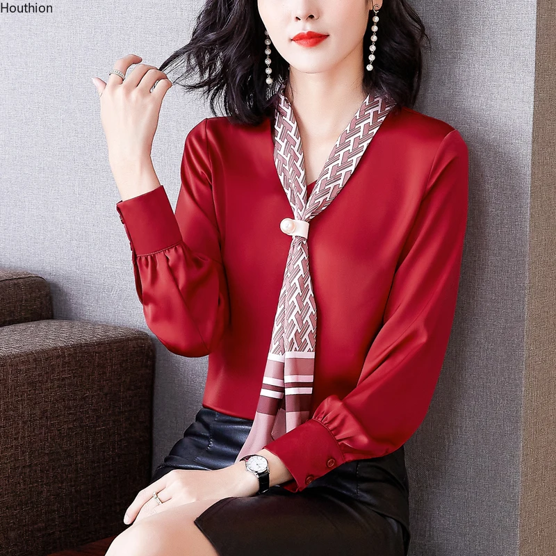 

Houthion New Long-sleeved Women's Blouse Comfortable Fashion Tops Casual Summer Shirt V-neck Bow Pure Silk Blusas