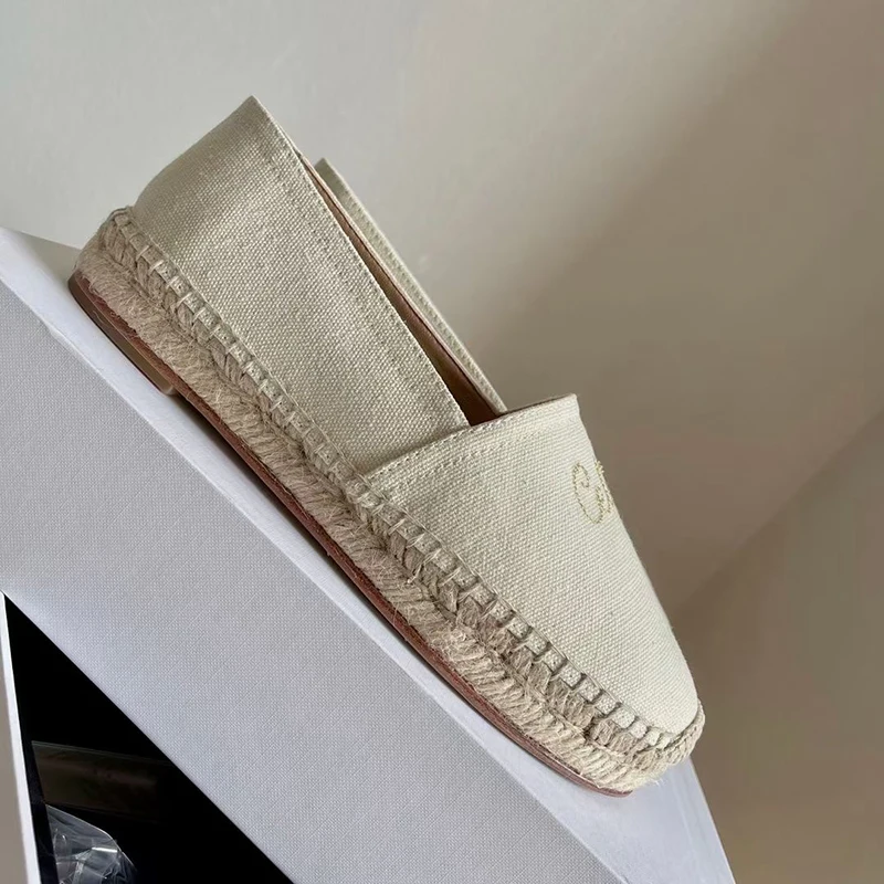 

2021 lovestahl summer top quality women Linen patchwork ultra-soft sheepskin flat fisherman shoes with striped grey loafers