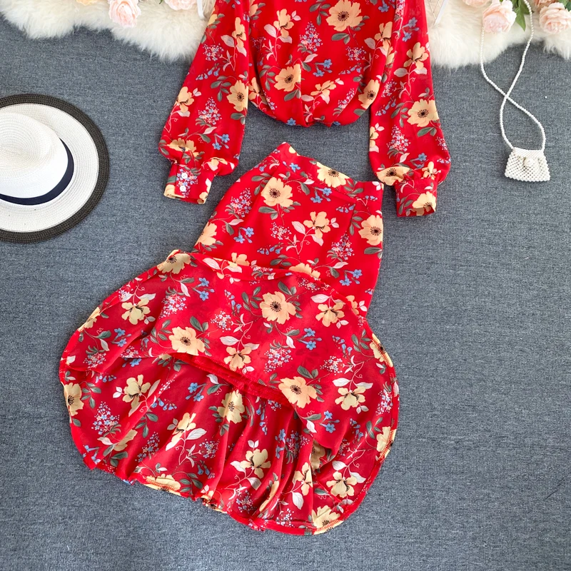 

Long Sleeve Short Tops + High Waist Mermaid Skirt Fashion Suits Autumn Bohemian Women Two Piece Set Boho Chic Flower Print