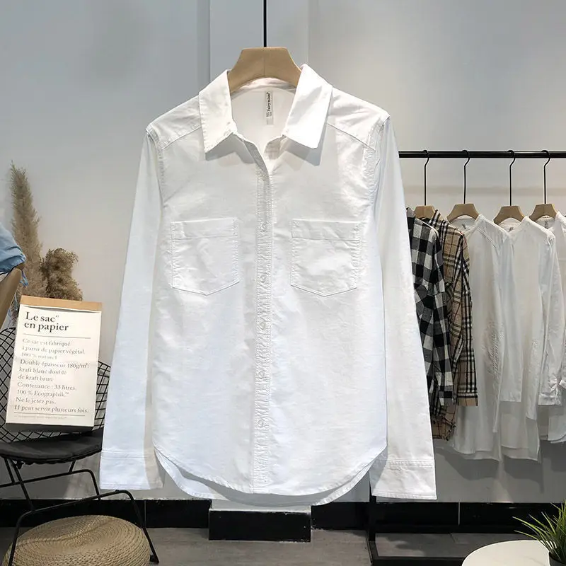 Women Shirts 2021 Spring Long Sleeve Blue Blouse Cotton Tops Female Korean Style Brief Turn Down Collar Pockets White Shirts