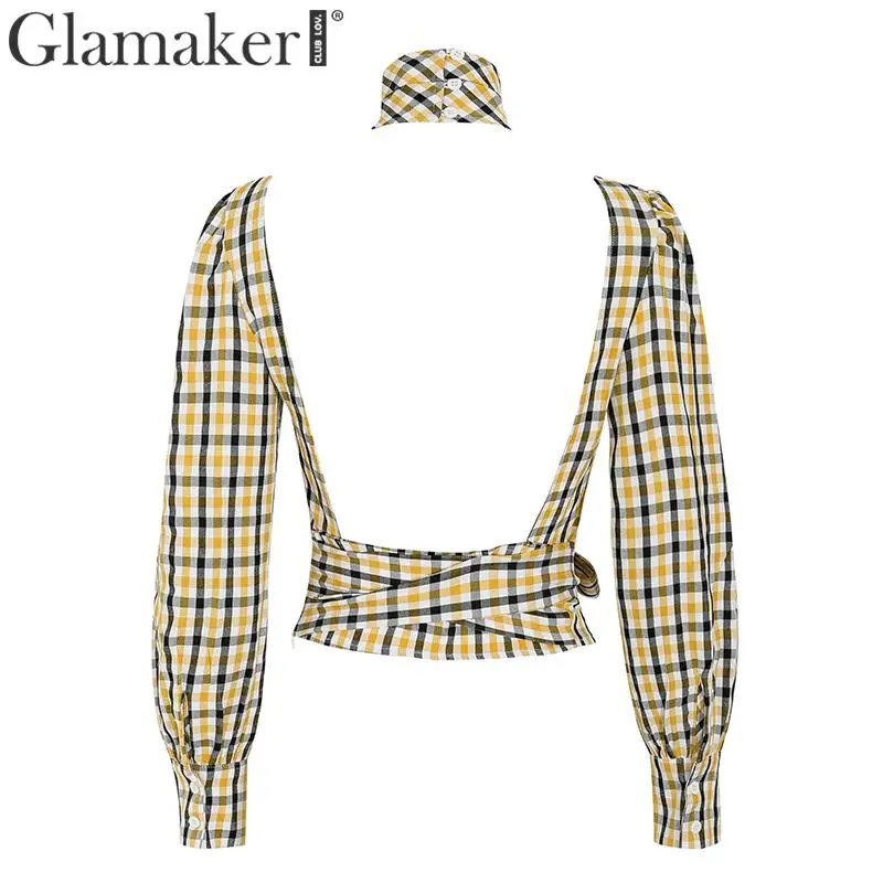 Glamaker/винтажная клетчатая рубашка, короткая женская блузка с открытой спиной и длинными рукавами-фонариками, осенне-зимняя пикантная женская блузка